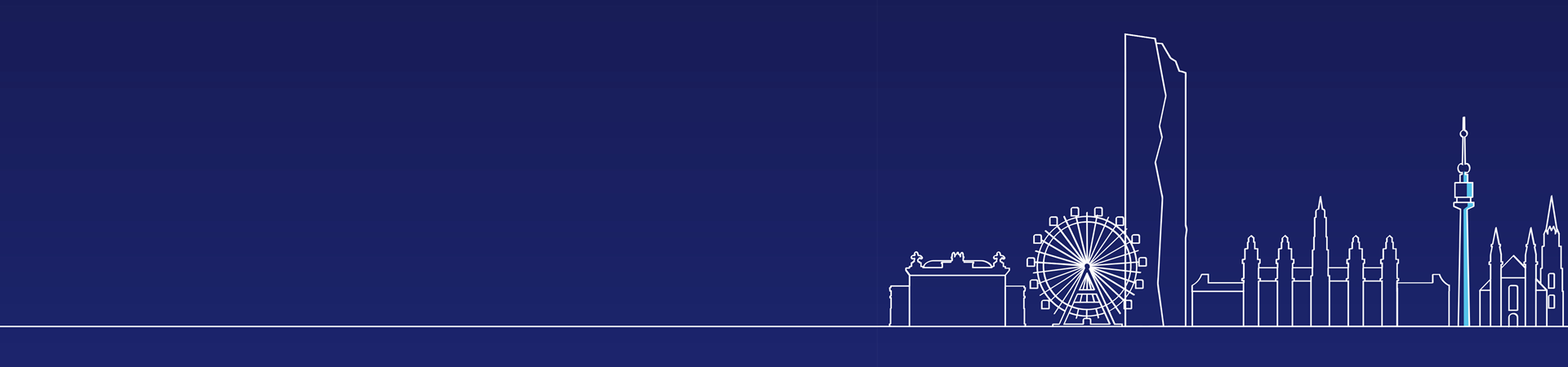 Eine weiße Linienzeichnung der Skyline von Wien vor einem dunkelblauen Hintergrund